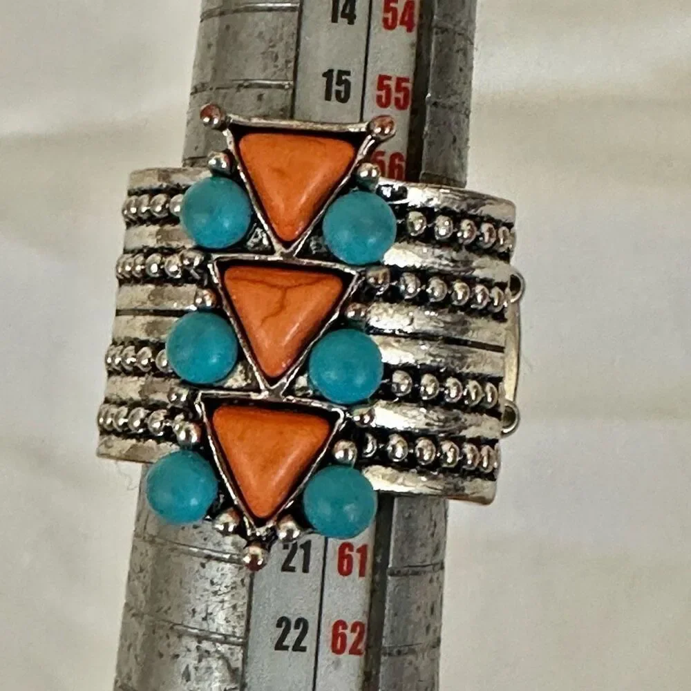 Blue and orange silver tone stretchy ring